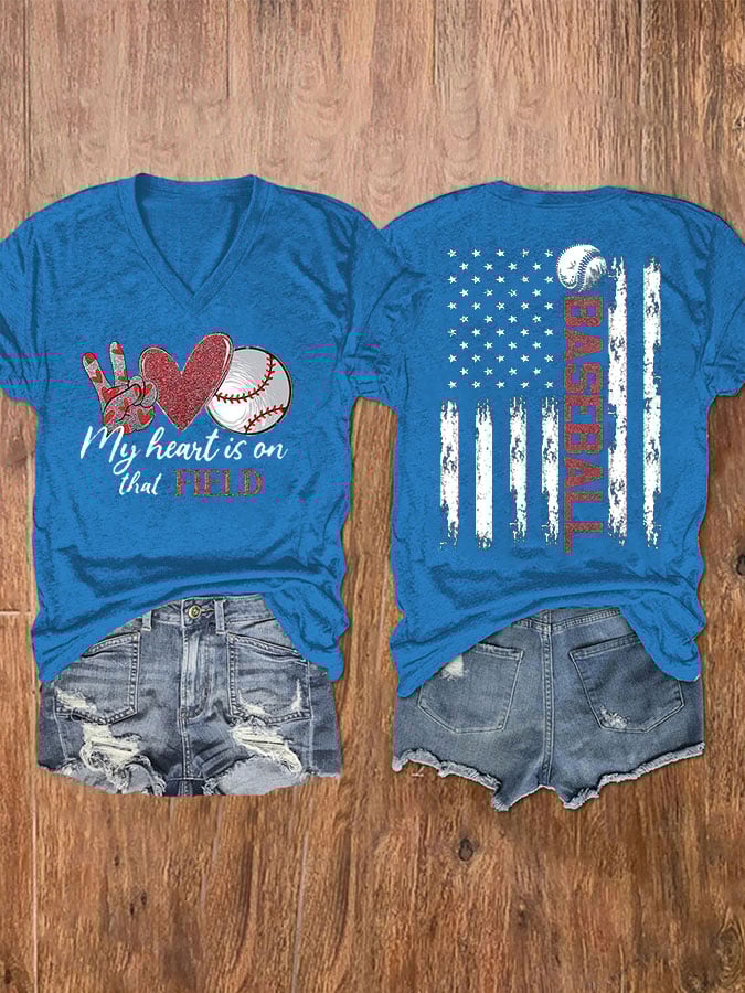 Women's Baseball My Heart Is On That Field Casual V-Neck Tee