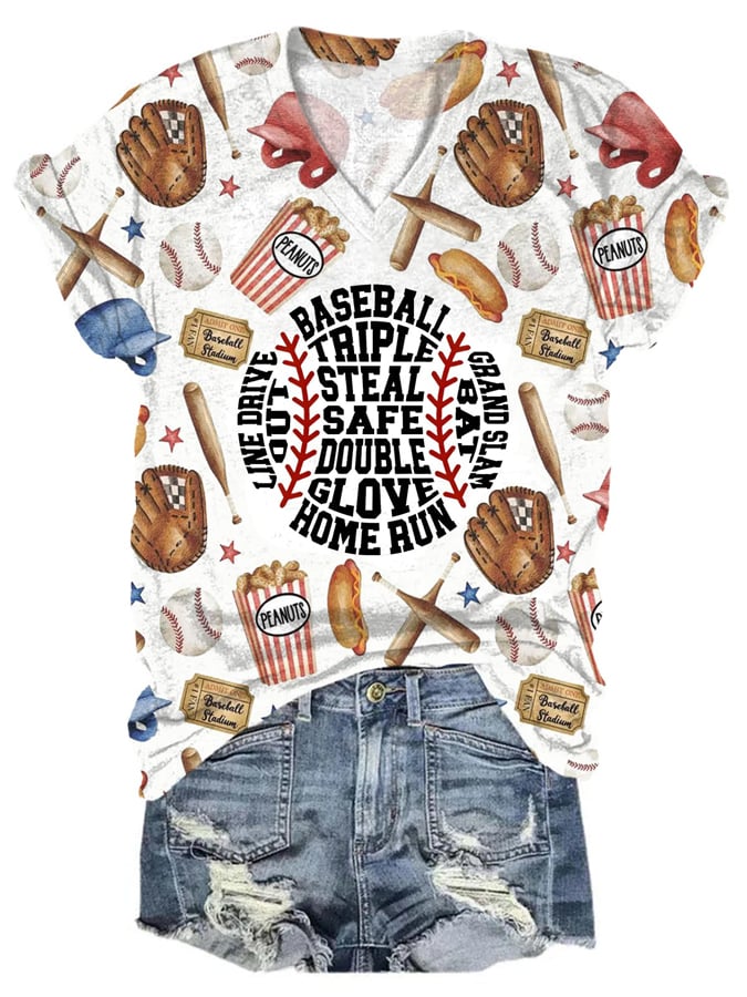 Baseball Triple Steal Print Short Sleeve T-Shirt