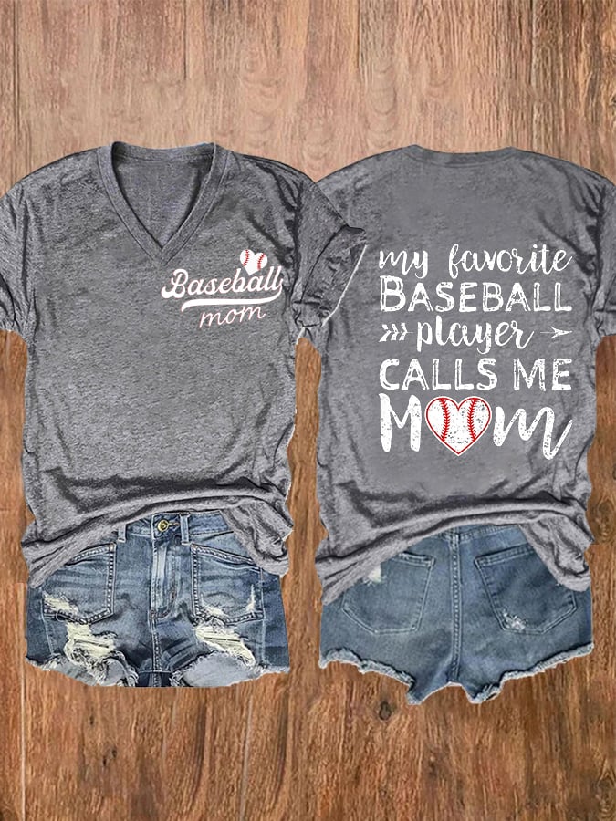 Women's Baseball Mom Print V-Neck Casual T-Shirt