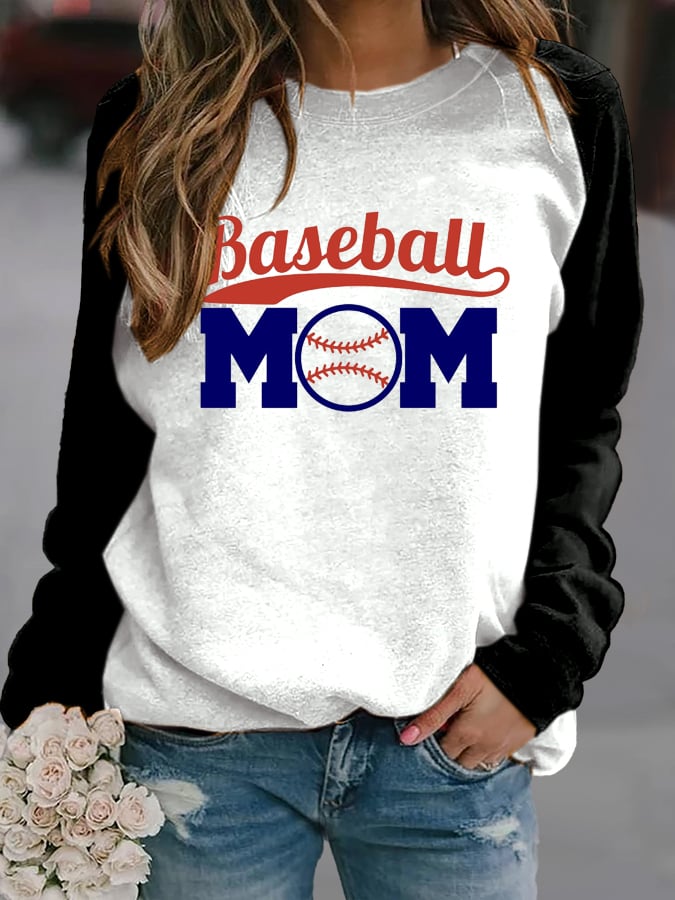 Women's Baseball Mom Print Crew Neck Sweatshirt