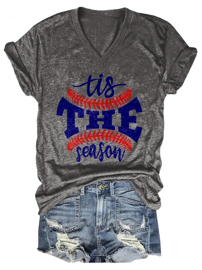 Tis The Season Baseball Print V-neck T-Shirt