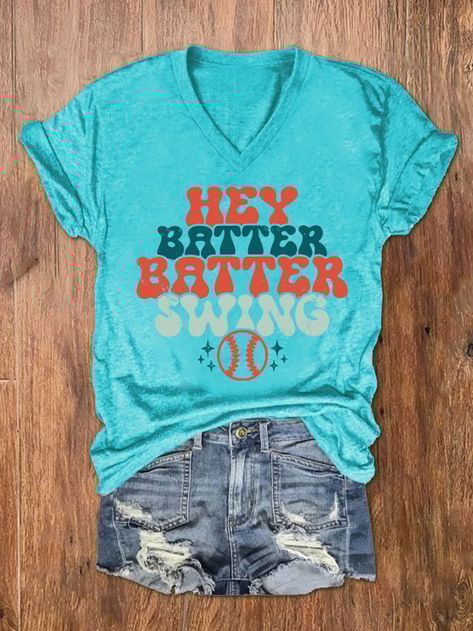 Women's Hey Batter Batter! Baseball Print V-Neck T-Shirt