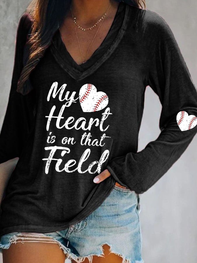 Women's My Heart Is On That Field Print Long Sleeve T-Shirt