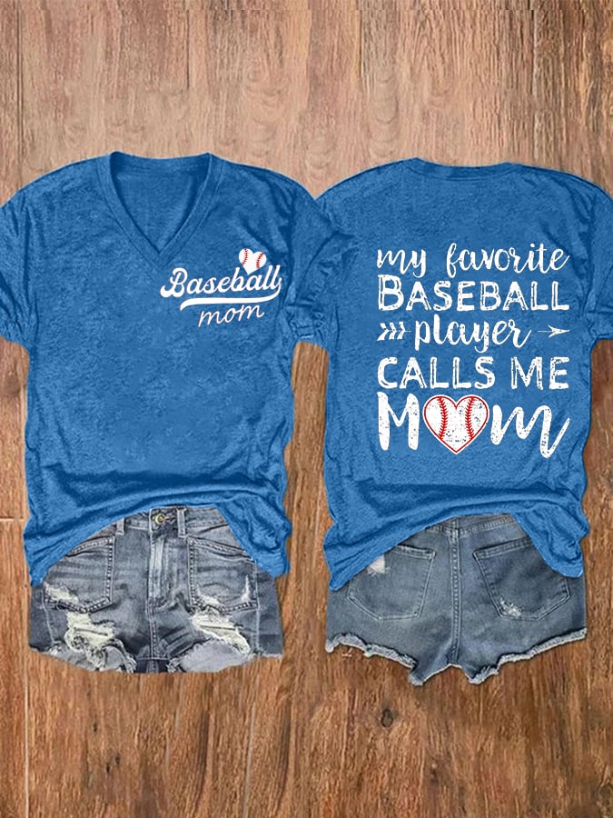 Women's Baseball Mom Print V-Neck Casual T-Shirt