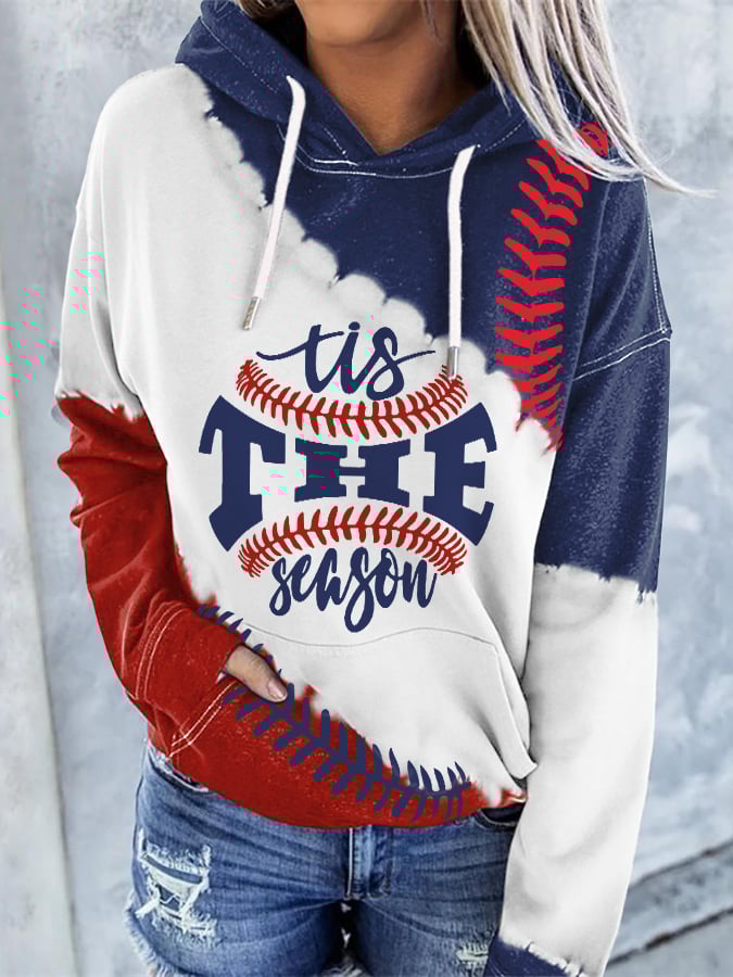 Retro Baseball Color Block Tis The Season Print Hoodie