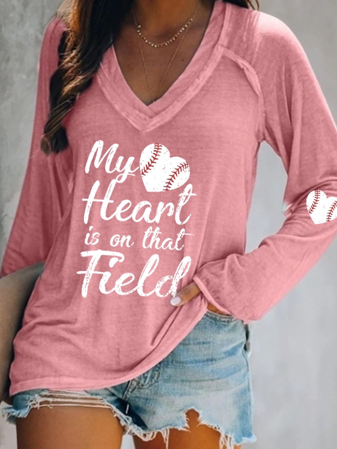 Women's My Heart Is On That Field Print Long Sleeve T-Shirt