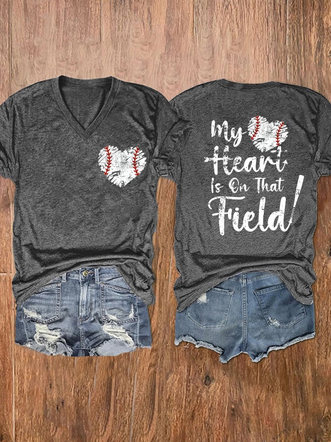 Women's My Heart Is On That Field Print V-Neck T-Shirt