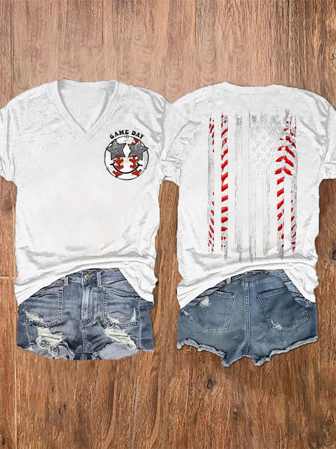 Women's Baseball Gameday America Flag Casual V-Neck Tee