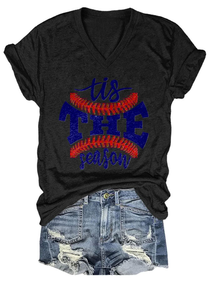 Tis The Season Baseball Print V-neck T-Shirt