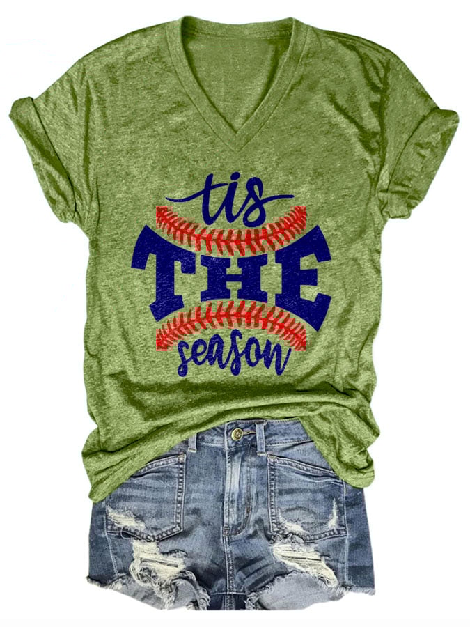 Tis The Season Baseball Print V-neck T-Shirt