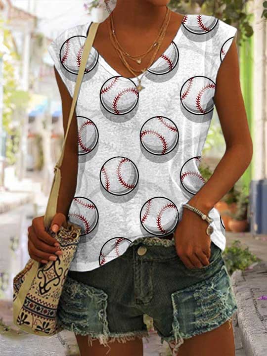 Women's Baseball Print V-Neck Sleeveless Top