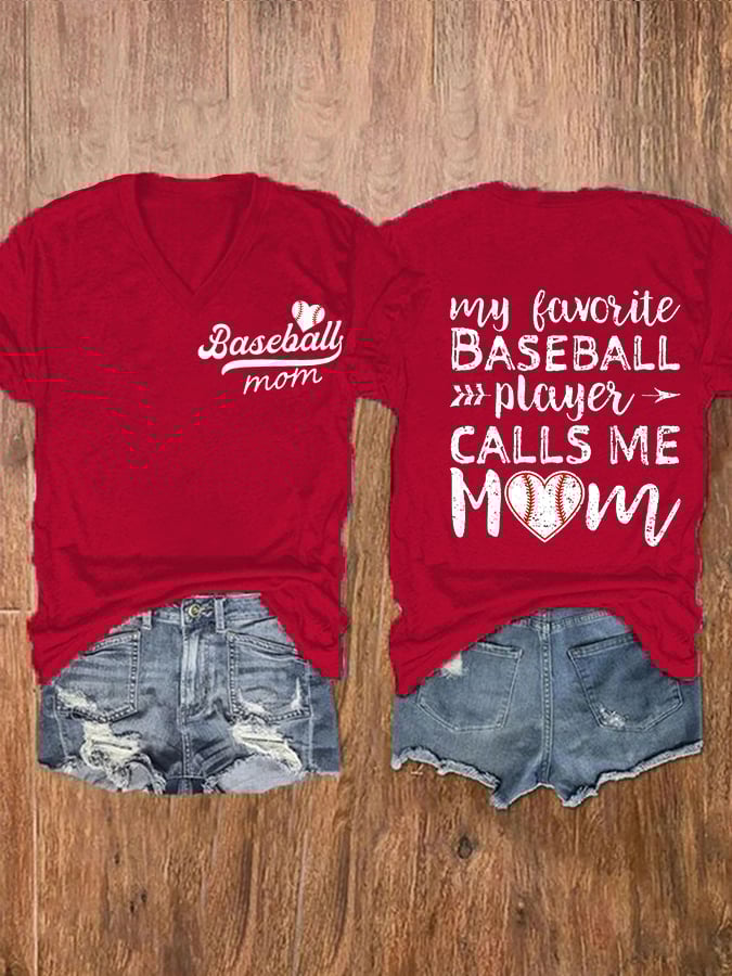 Women's Baseball Mom Print V-Neck Casual T-Shirt