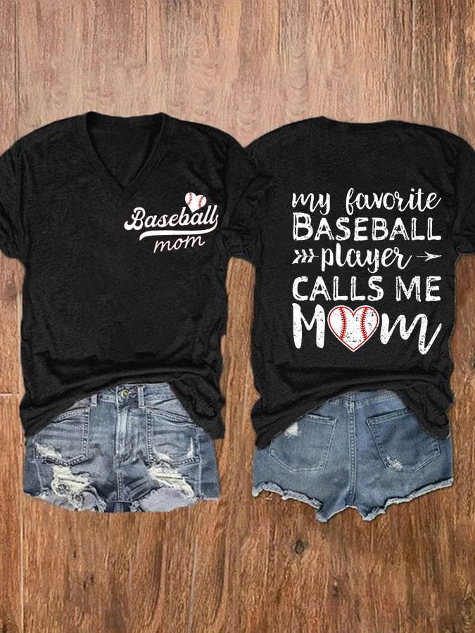 Women's Baseball Mom Print V-Neck Casual T-Shirt