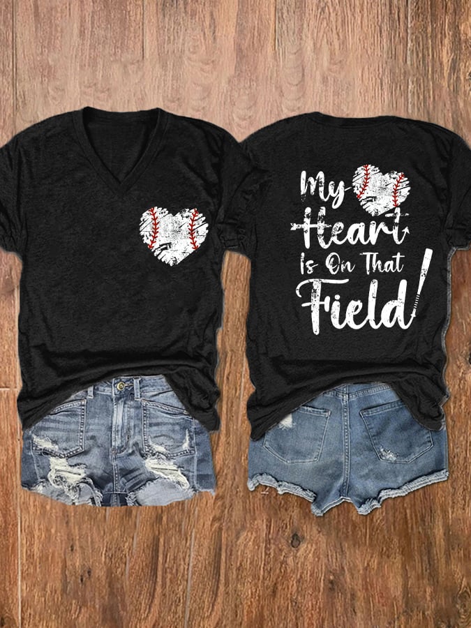 Women's My Heart Is On That Field Print V-Neck T-Shirt
