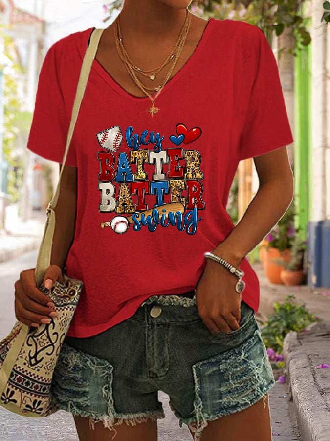 Women's Hey Batter Batter! Baseball V-Neck T-shit