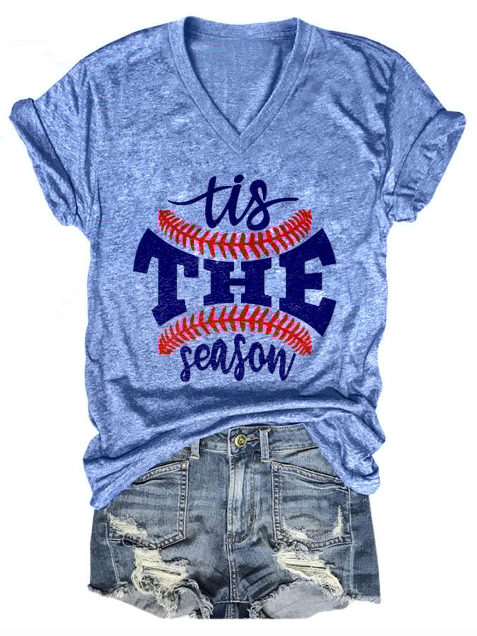 Tis The Season Baseball Print V-neck T-Shirt