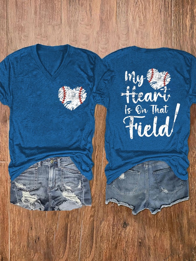 Women's My Heart Is On That Field Print V-Neck T-Shirt