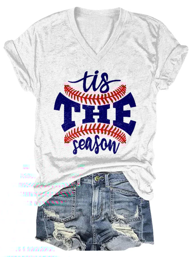 Tis The Season Baseball Print V-neck T-Shirt