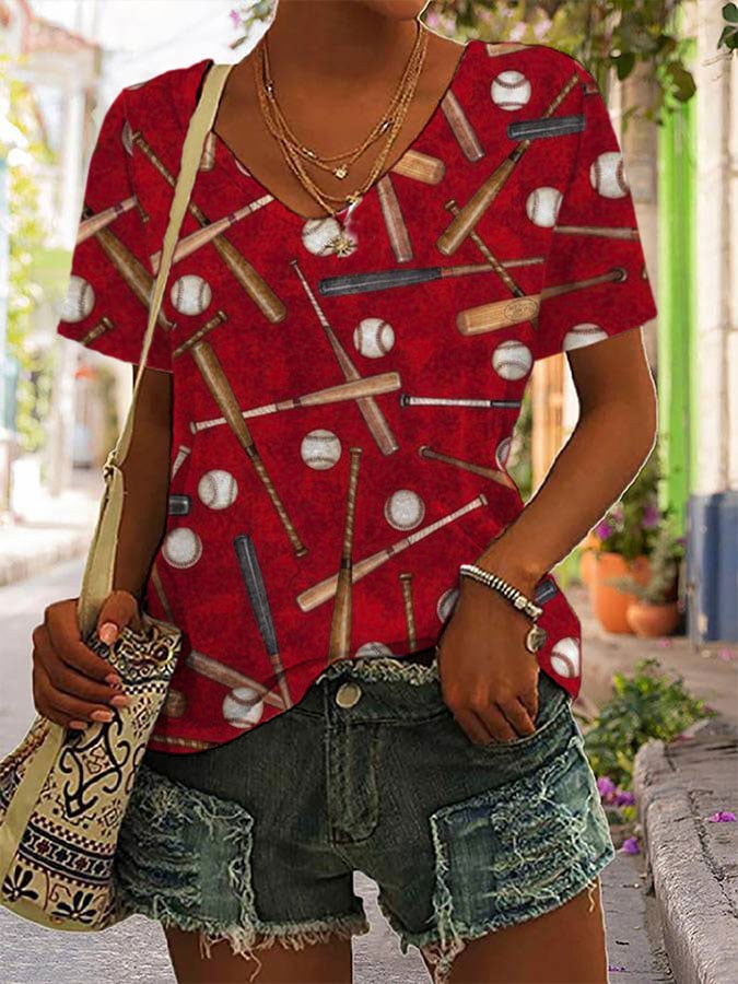 Women's Baseball Print V-Neck T-Shirt