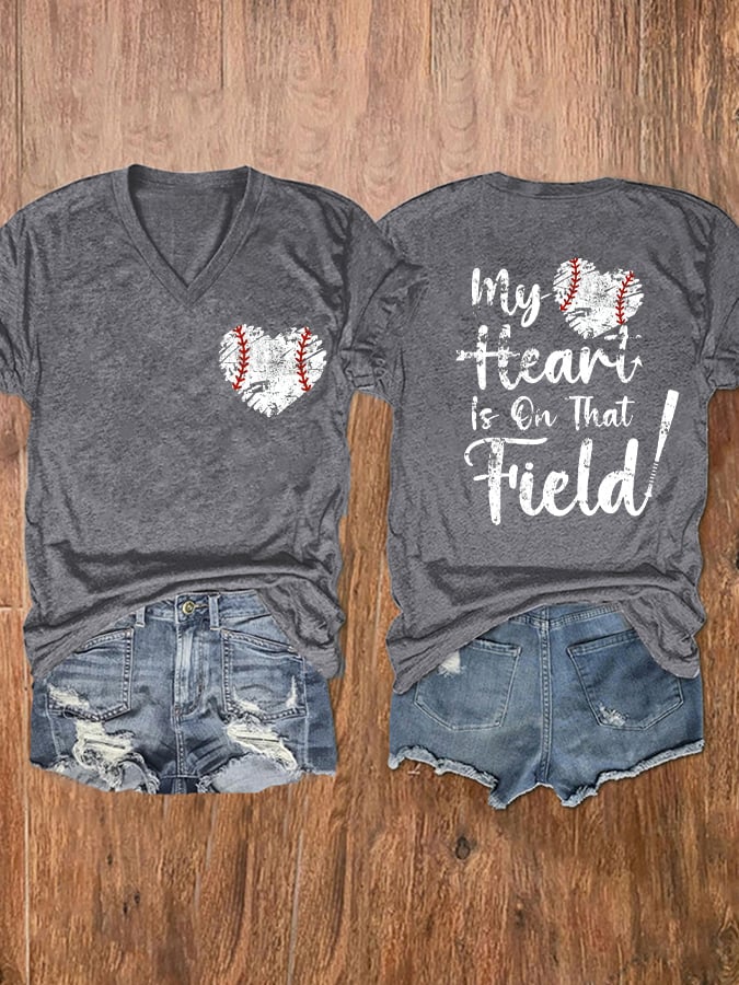 Women's My Heart Is On That Field Print V-Neck T-Shirt