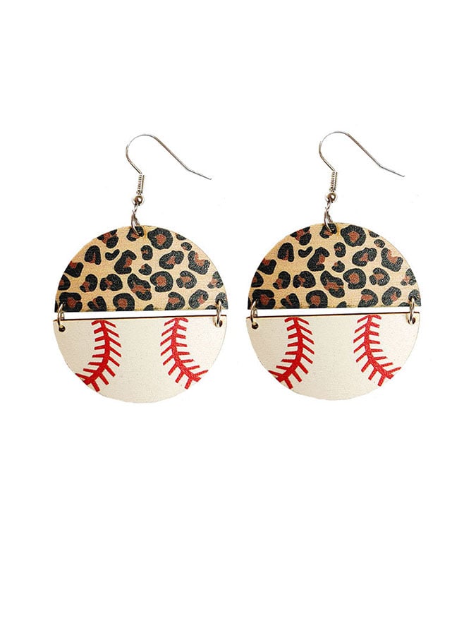 Women'S Leopard Patch Baseball Football Softball Round Earrings