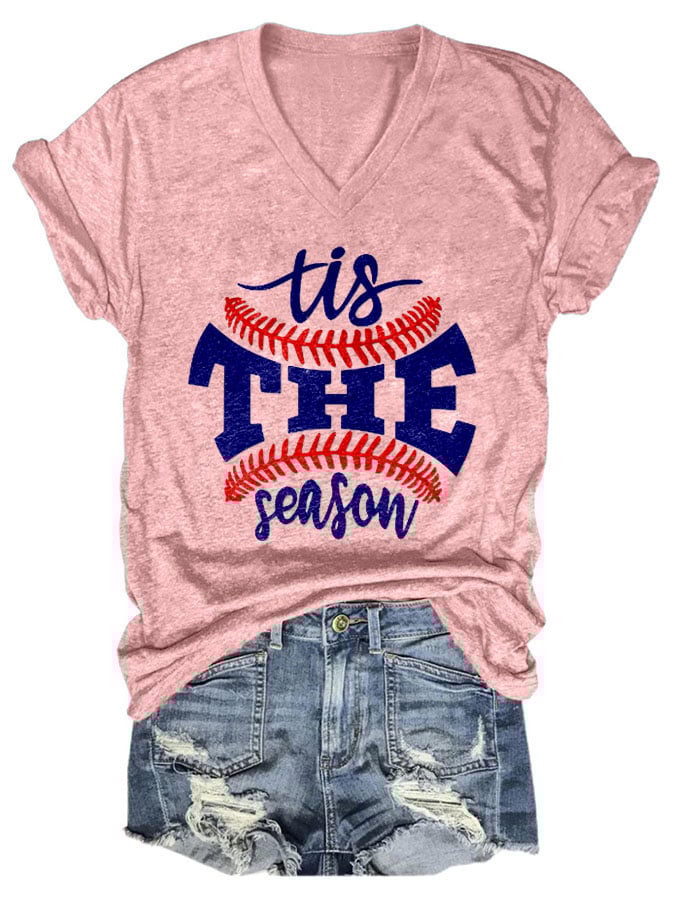 Tis The Season Baseball Print V-neck T-Shirt