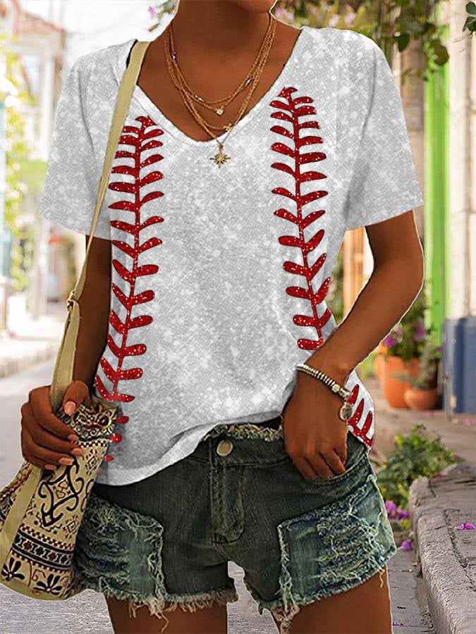 Women's Baseball Shiny Print V-Neck T-Shirt