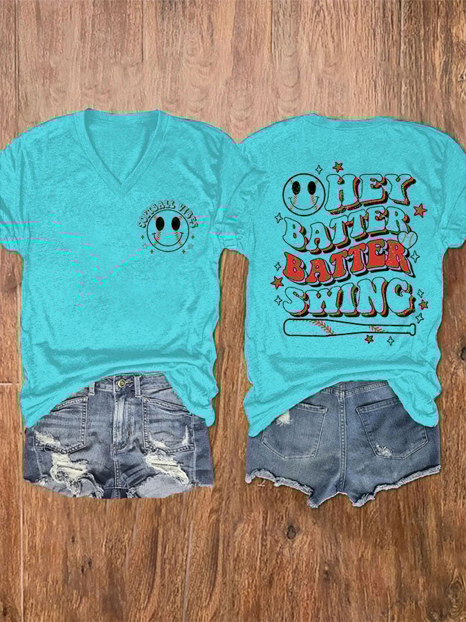 Women's Hey Batter Batter! Baseball Print V-Neck T-Shirt