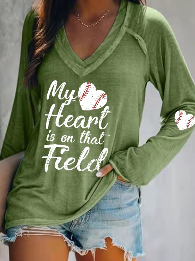 Women's My Heart Is On That Field Print Long Sleeve T-Shirt