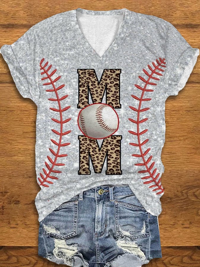 Women's Baseball Mom Print V-Neck T-Shirt