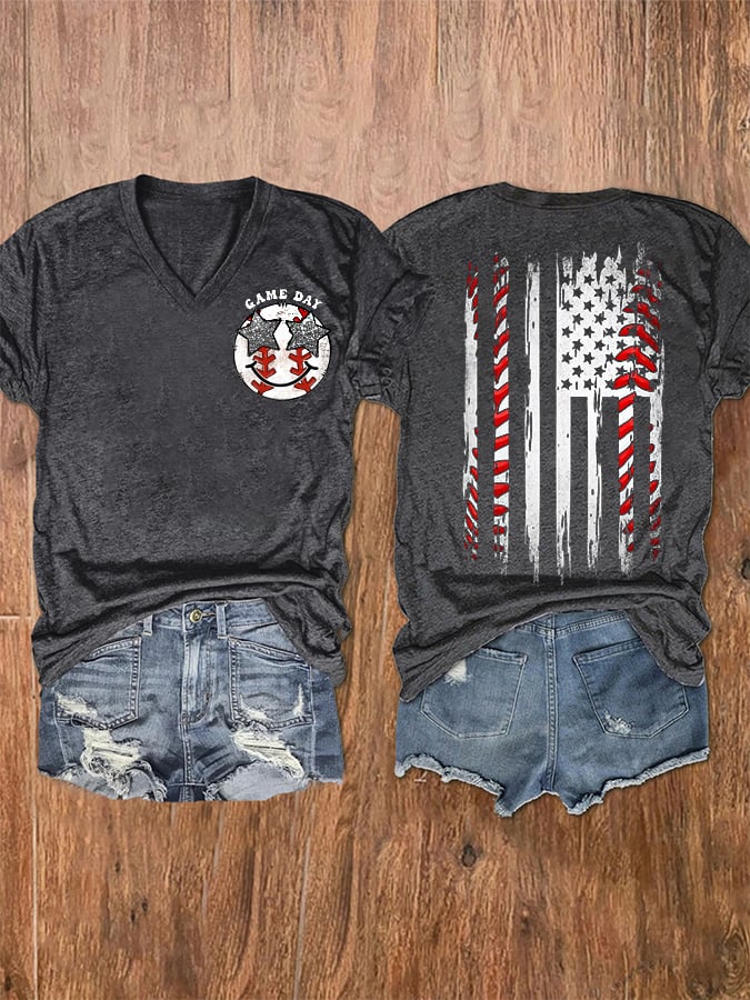 Women's Baseball Gameday America Flag Casual V-Neck Tee