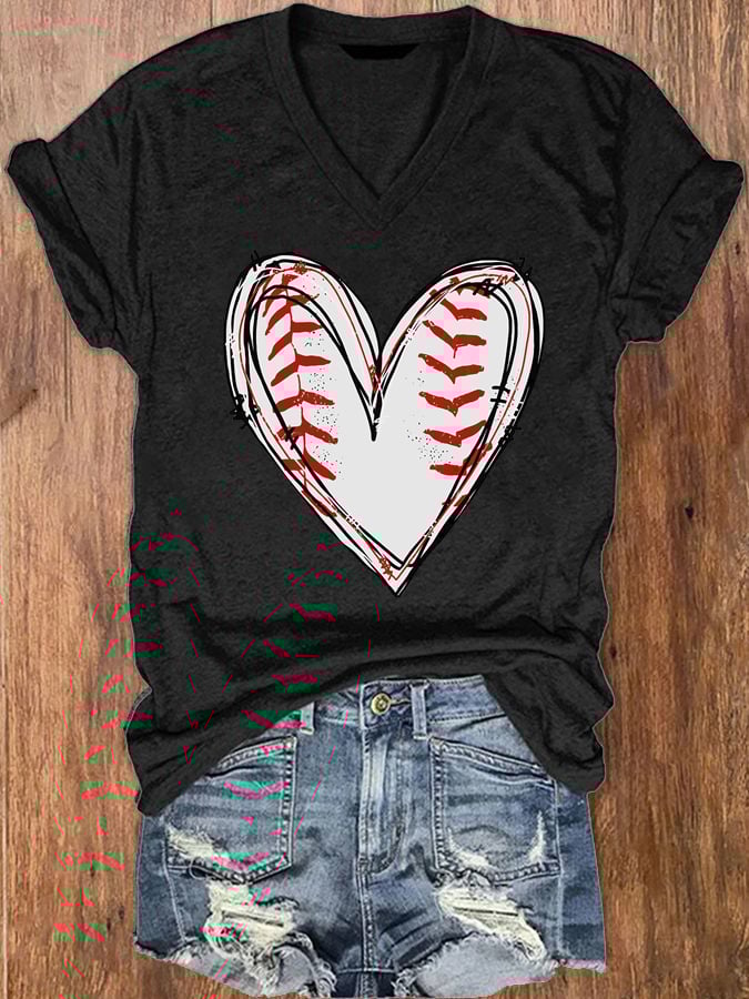 Women's Baseball Heart V-Neck T-Shirt