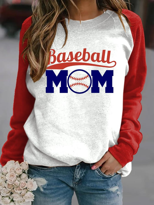Women's Baseball Mom Print Crew Neck Sweatshirt