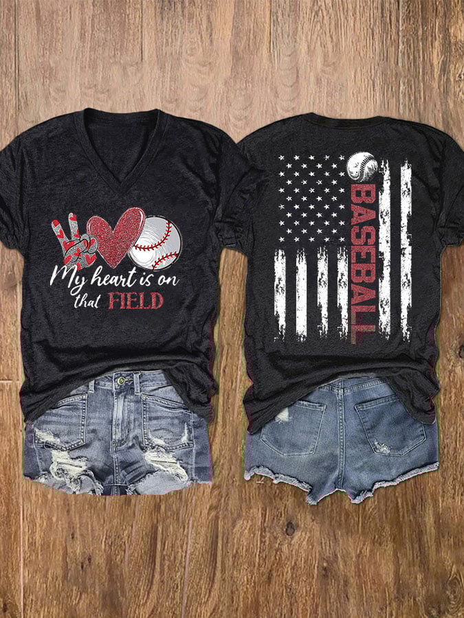 Women's Baseball My Heart Is On That Field Casual V-Neck Tee