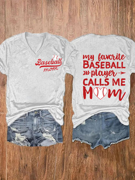 Women's Baseball Mom Print V-Neck Casual T-Shirt