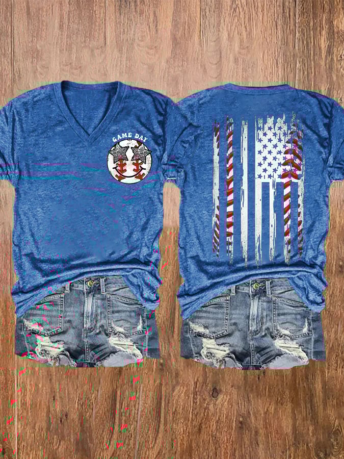Women's Baseball Gameday America Flag Casual V-Neck Tee