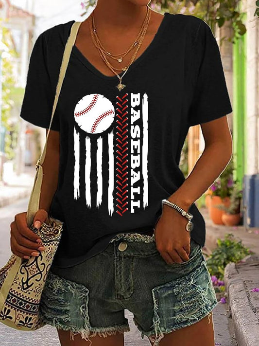 Women's Baseball Flag Print V-Neck T-Shirt