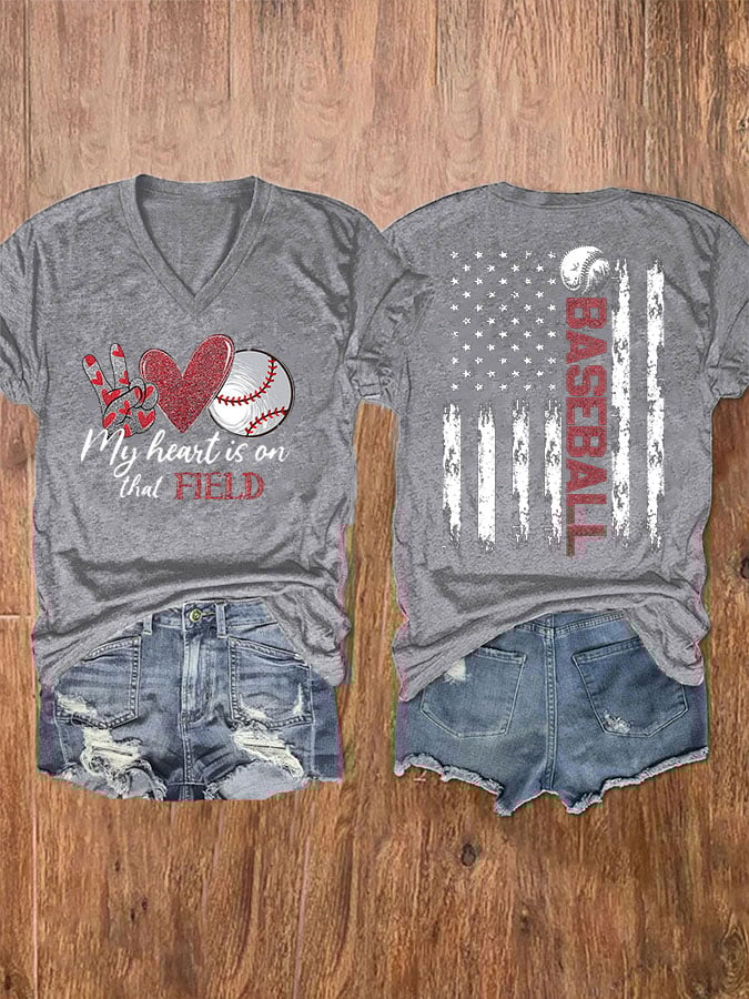 Women's Baseball My Heart Is On That Field Casual V-Neck Tee