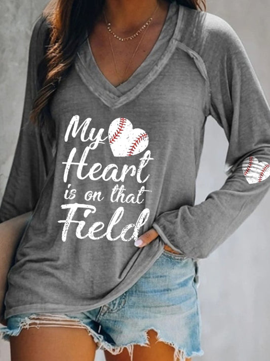 Women's My Heart Is On That Field Print Long Sleeve T-Shirt