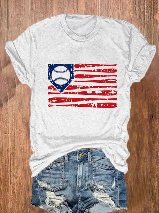 Women's Baseball Flag Print Casual T-Shirt