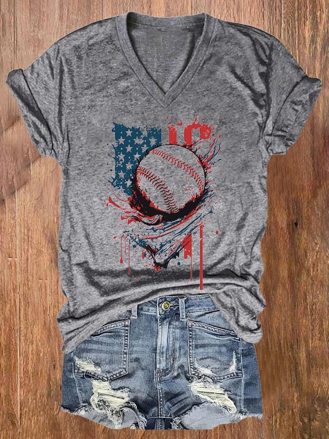 Women's Baseball And American Flag Print Casual T-Shirt