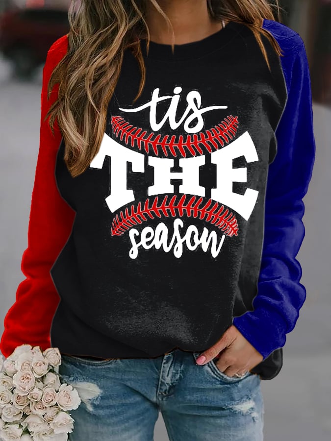 Women's Baseball Print Color Block Crew Neck Sweatshirt