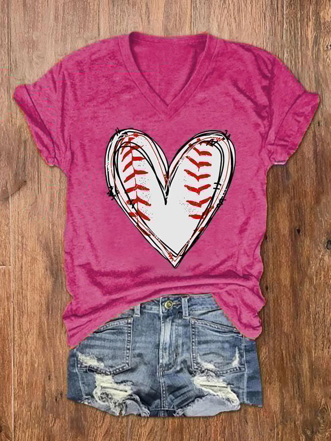 Women's Baseball Heart V-Neck T-Shirt