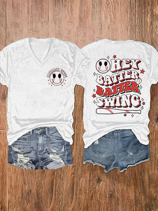 Women's Hey Batter Batter! Baseball Print V-Neck T-Shirt
