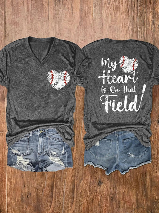 Women's My Heart Is On That Field Print V-Neck T-Shirt