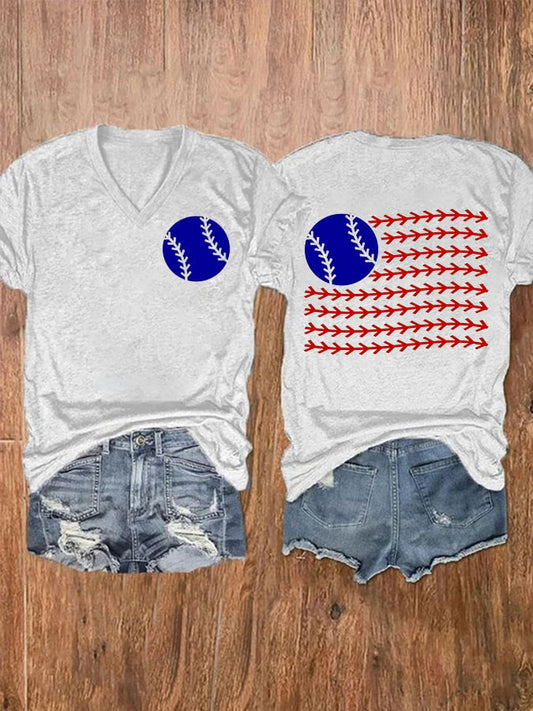 Women's Baseball And American Flag Print Casual T-Shirt