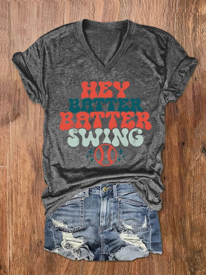 Women's Hey Batter Batter! Baseball Print V-Neck T-Shirt
