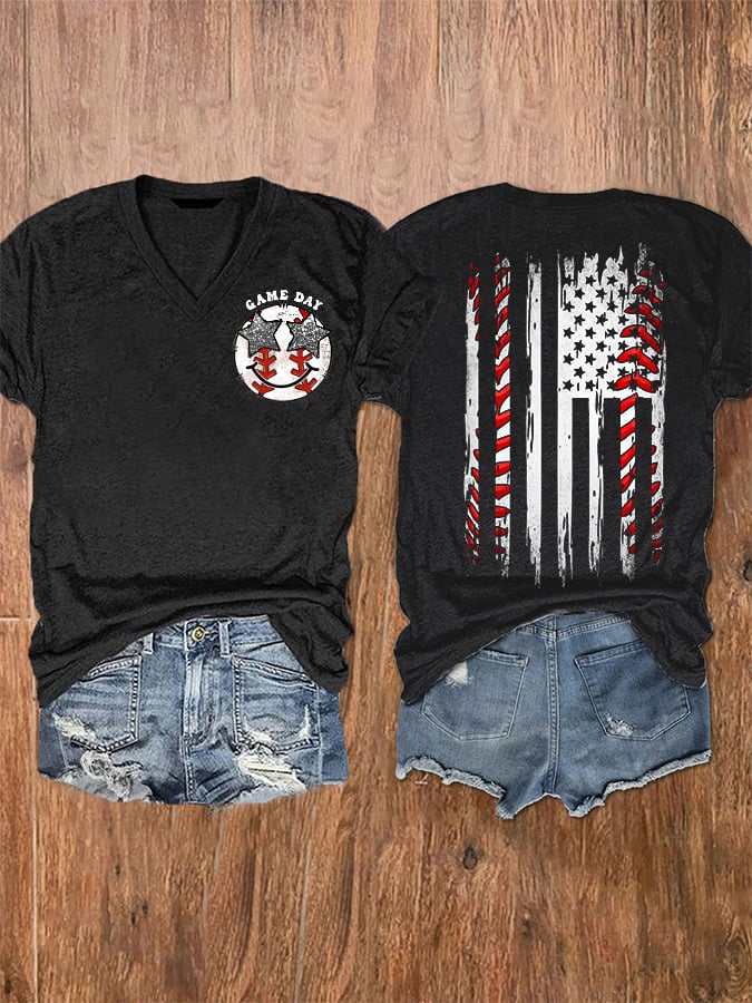 Women's Baseball Gameday America Flag Casual V-Neck Tee