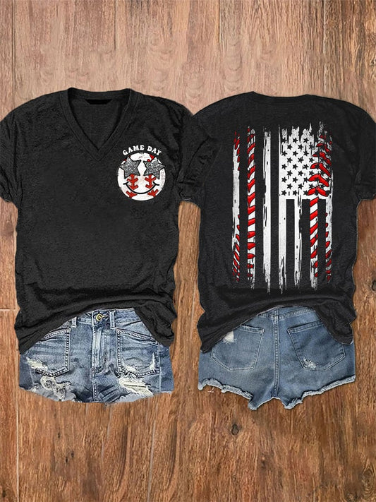 Women's Baseball Gameday America Flag Casual V-Neck Tee