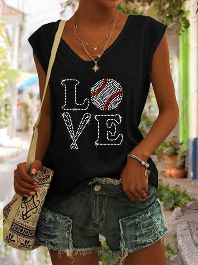 Women's Love Baseball Print V-Neck Sleeveless Top